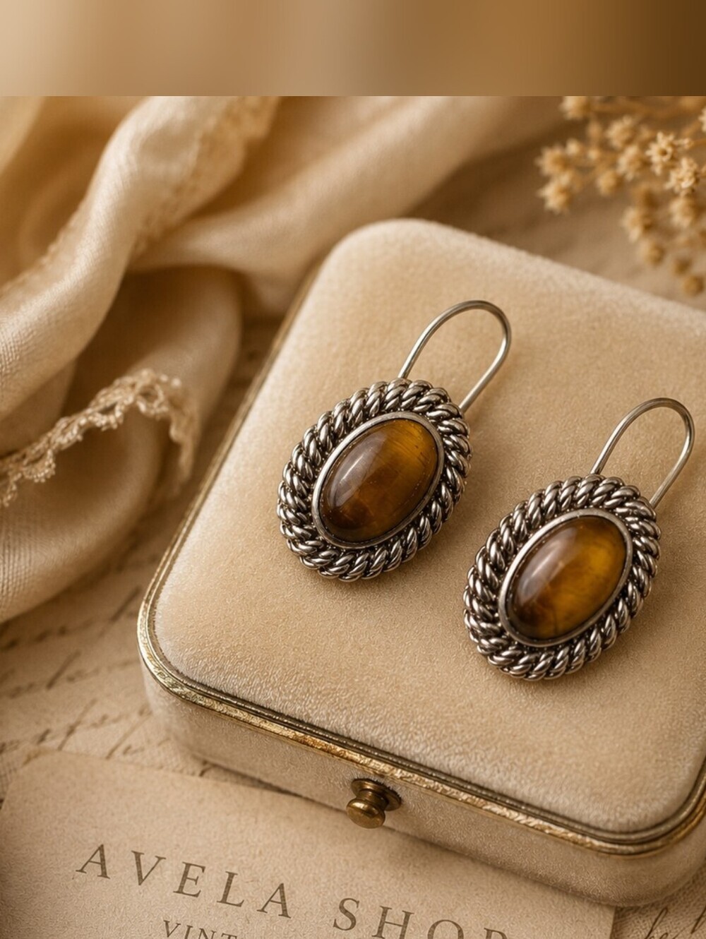 Vintage Avon Tiger's Eye Cabochon Rope Twist Drop Earrings Silver Tone Signed